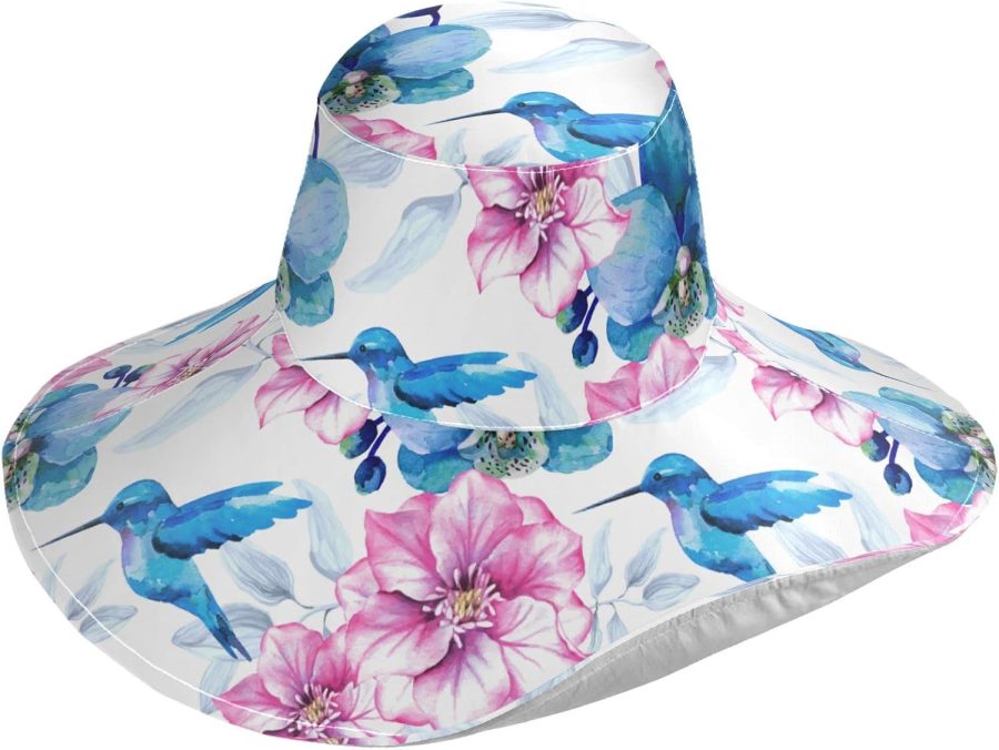 Women's Sun Hat for Gardening Flower Pink Flowers Blue Hummingbirds Wide Brim Outdoor Foldable Roll-Up Beach Hat UPF 50