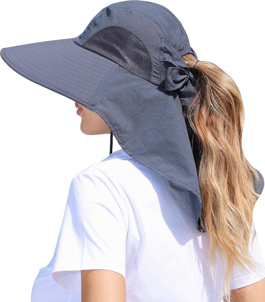 Women Sun Hat Outdoor UV Protection Wide Brim Fishing Hat with Ponytail Hole Neck Flap for Beach Hiking Camping