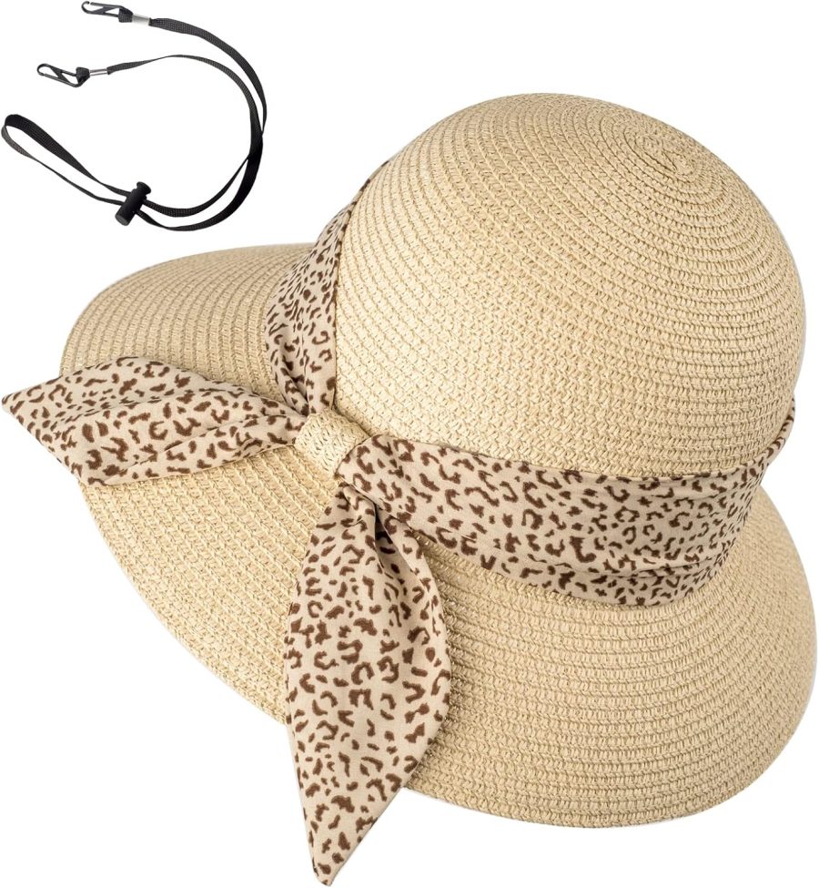 Women Straw Sun Hat Summer Beach Wide Brim UV Protection Hats with Chin Strap Floppy Foldable Cute Bowknot UPF 50 Cap - Image 2