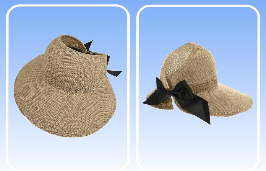 Straw Sun Visor for Women, Wide Brim UPF 50+ Protection Beach Hat, Adjustable, Roll Up Foldable Ponytail Cap with Chin Strap - Image 2