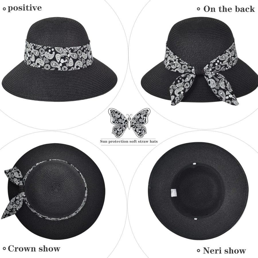 Women Straw Sun Hat Summer Beach Wide Brim UV Protection Hats with Chin Strap Floppy Foldable Cute Bowknot UPF 50 Cap - Image 2