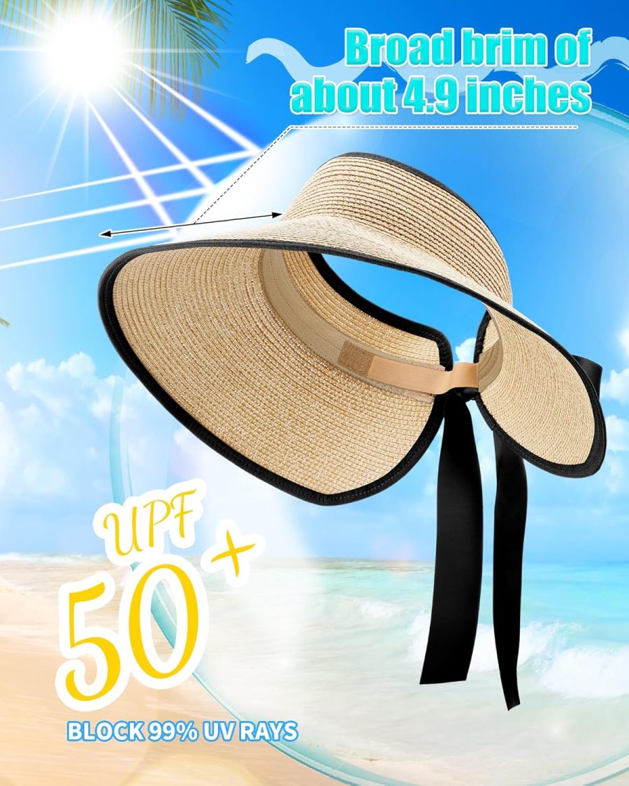 3 Pieces Foldable Straw Sun Visors Hats Wide Brim Ponytail Summer Beach Hat Adjustable Sun Protection Hats for Women - Image 2