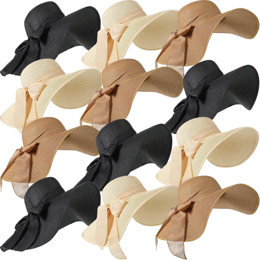 12 PCS Women Wide Brim Straw Hats Floppy Sun Hat Foldable Multicolor Summer Beach Sun Cap UPF 50+