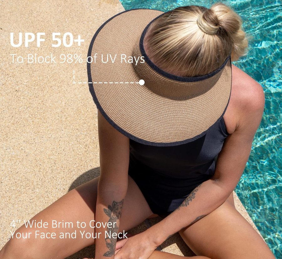 Sun Visor Hats for Women, Women Summer Ponytail Foldable Straw Beach Hat with UPF 50+ - Image 2